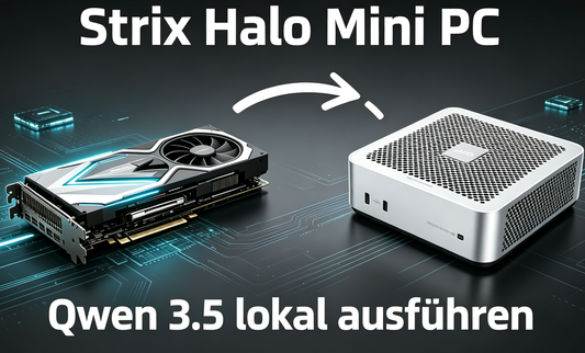Technischer Test-Cover des AMD Strix Halo Mini-PCs mit echter Strix Halo-Hardware und separatem RTX-GPU, Thema: Lokales Ausführen von Qwen 3.5 LLMs.