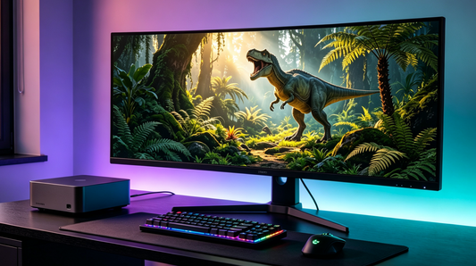 Modernes Gaming Setup mit kompaktem Mini-PC für Ark Survival Ascended, Ultrawide-Monitor mit Dinosaurier-Landschaft und stimmungsvoller RGB-Beleuchtung