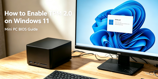 Realistische Heimarbeitsplatz-Szene mit silbernem Mini-PC und Monitor mit angezeigtem BIOS-Bildschirm, Tutorial zum Aktivieren von TPM 2.0 unter Windows 11